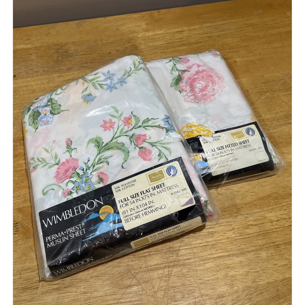 Sears Vtg Flat Fitted Sheets Full Wimbledon Floral Pink Yellow‎ Blue Cottagecore